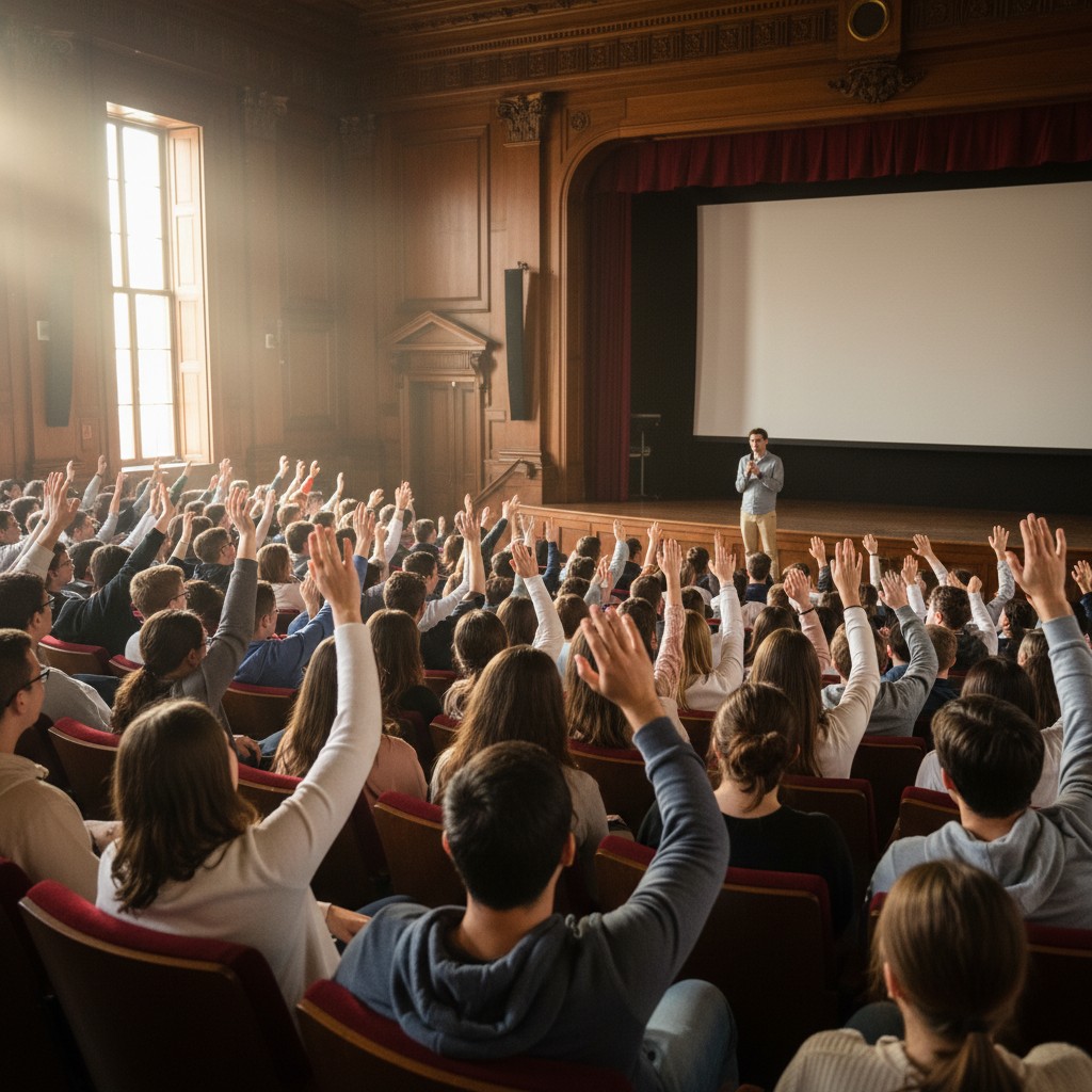 A crowded room of people raising their hands while a man in the foreground gives a presentation in front of a blank white ...